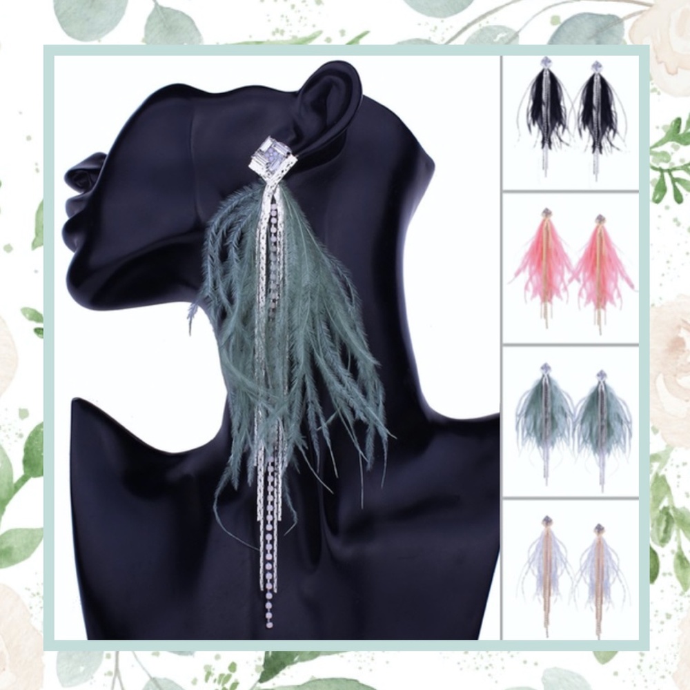 🌸 DIAMOND TEAL FEATHER EARRINGS BOHO CHIC OSTRICH TEAL BLING DANGLE DROP FRINGE